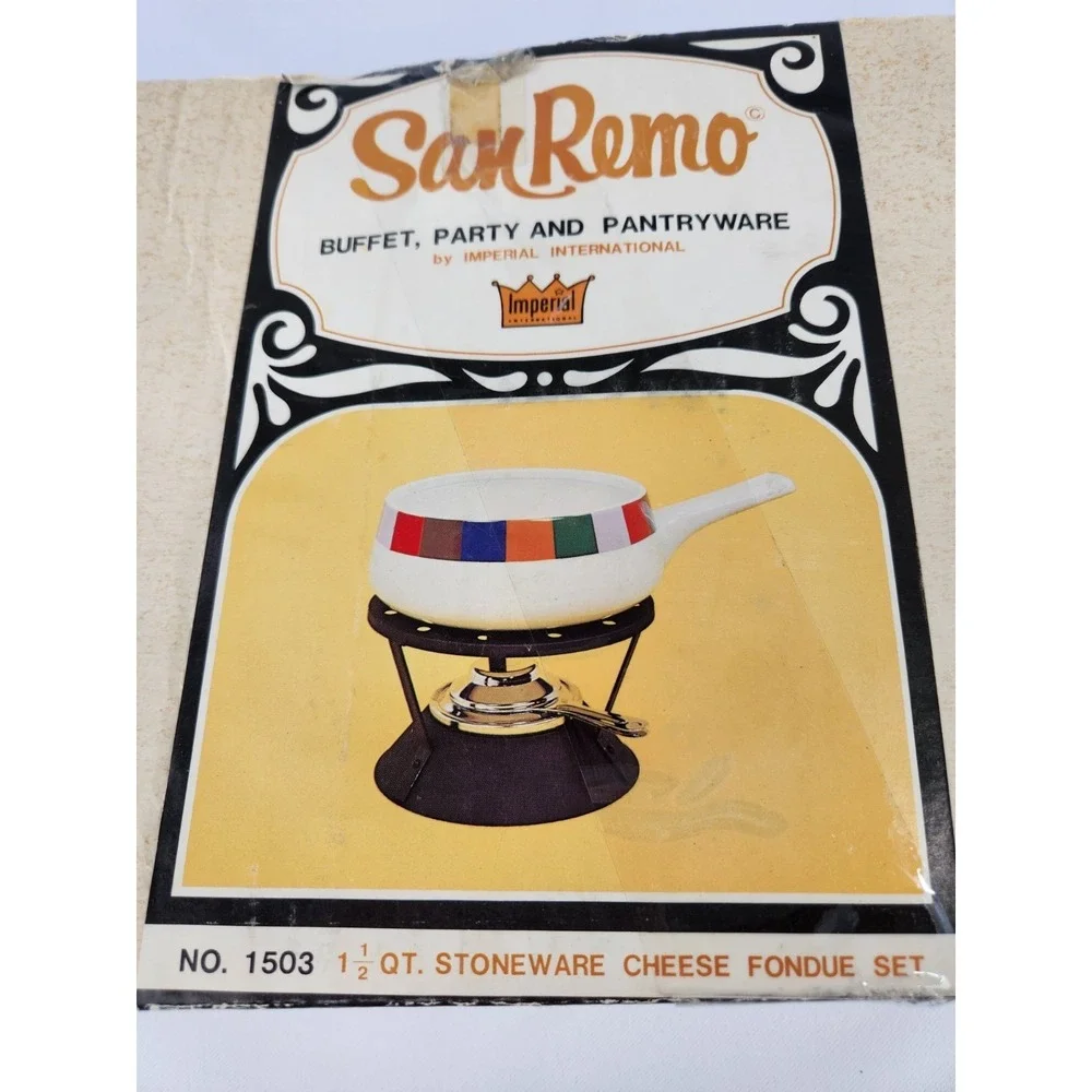 MCM Vintage Imperial San Remo Rainbow Enamel Party Cheese‎ Fondue 1.5 Qt Set Box